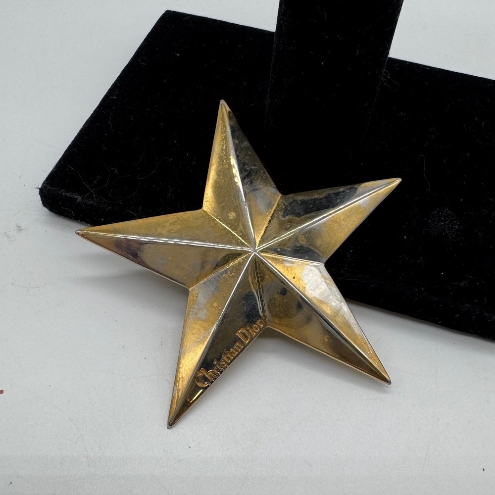 Christian Dior Star Brooch Gold Tone Vintage Celestial Pin Logo Designer